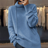 Olid Color Long Sleeve Stand-up Collar Tie Knitted Sweater For Women